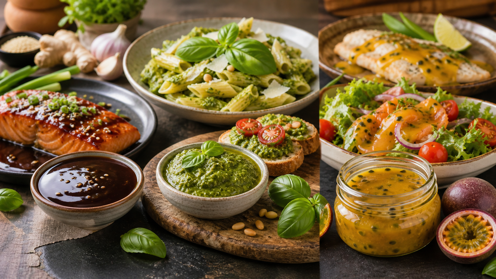 Molhos artesanais aplicados em saladas, peixes e massas